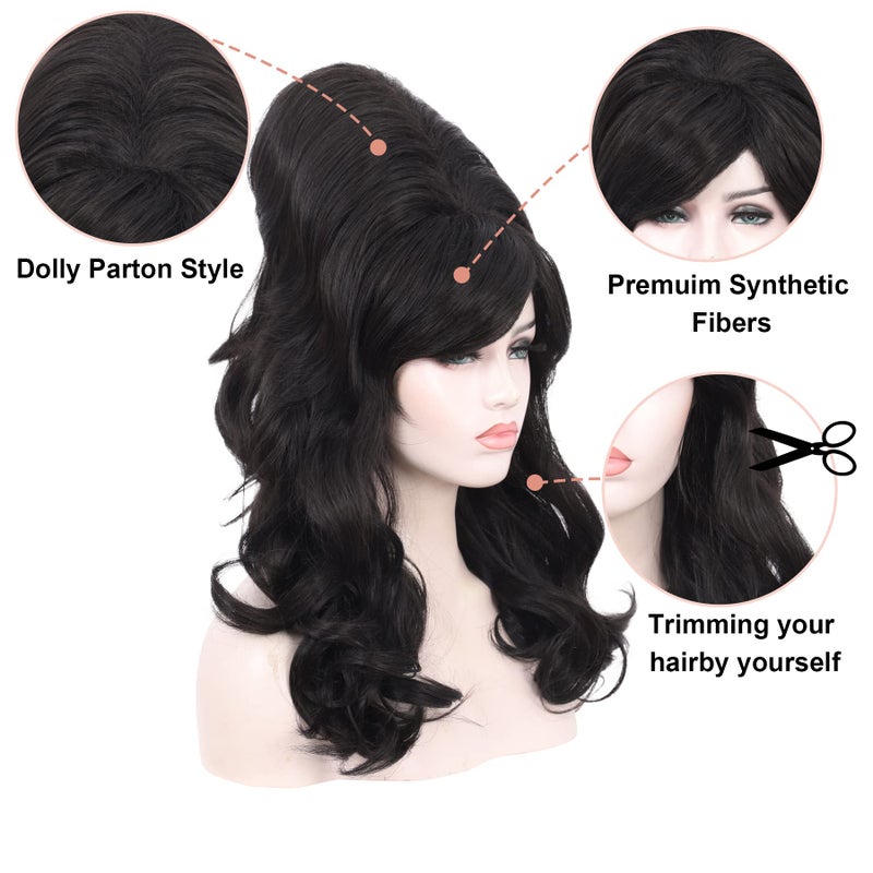Kalyss Natural Black Beehive Wig Womenâ€™s Curly Wavy Long Heat Resistant Synthetic Hair Cosplay Costume Wigs (Natural Black) - Image 2